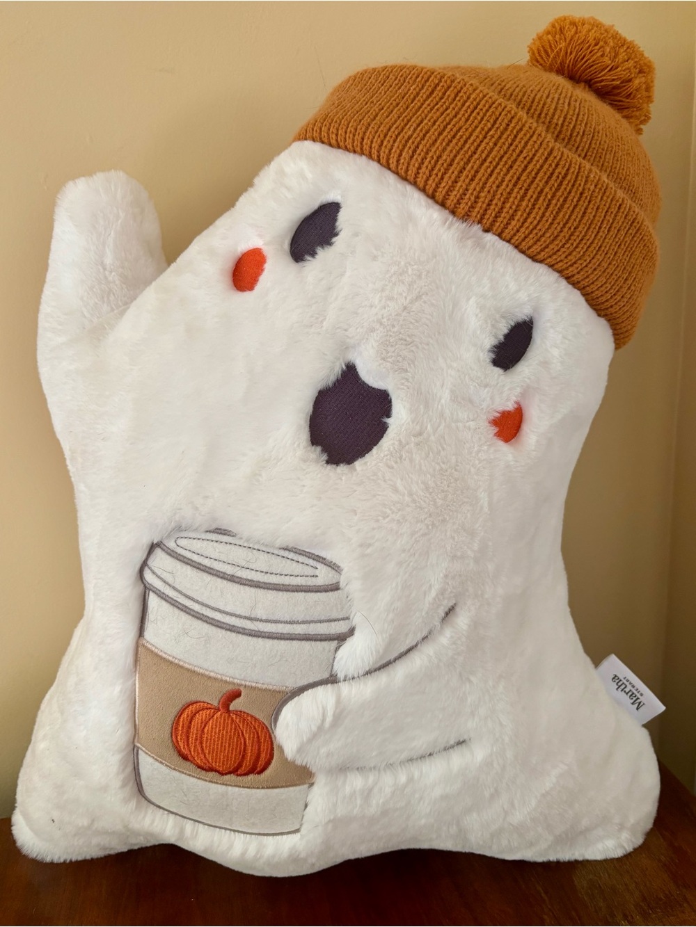 Martha Stewart| Plush White Ghost Throw Pillow w/Pumpkin Latte & Mustard Beanie
